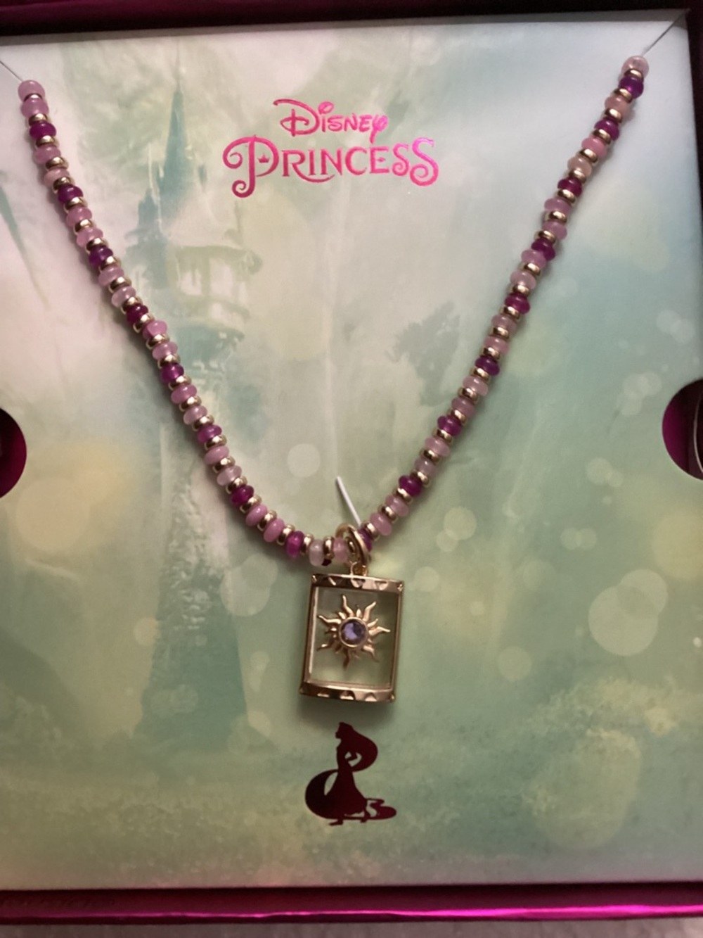 Disney Kid Princess Rapunzel Tangled Gold Tone/Purple Bead Sun Pendant Necklace - Picture 4 of 6
